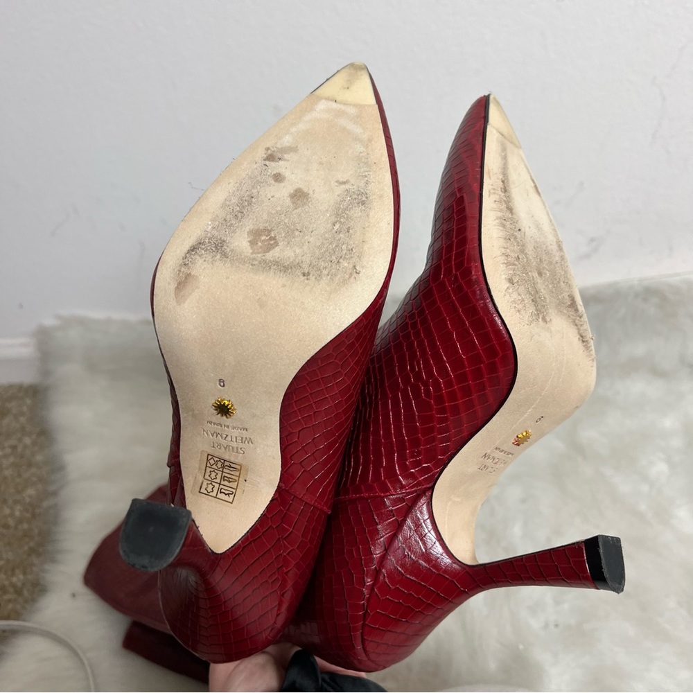Stuart Weitzman Parton Red Croc Snakeskin Leather Tall Heel Boots - Picture 9 of 14
